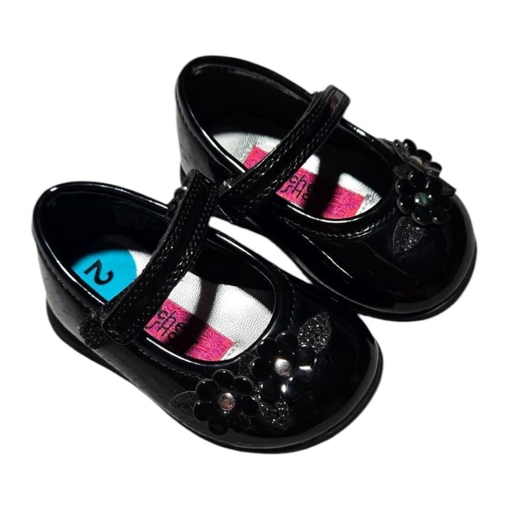 Rachel Shoes Baby Girl Black Patent Mary Jane Dress Shoes Glitter Flower Size 2